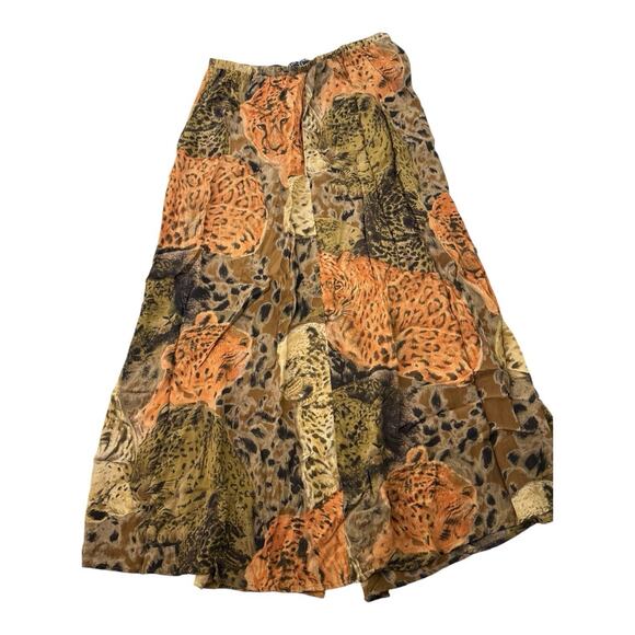Vtg Carole Little Rayon Maxi Skirt Safari Tiger Big Cat 80s Button Front Size 8 - Picture 1 of 9